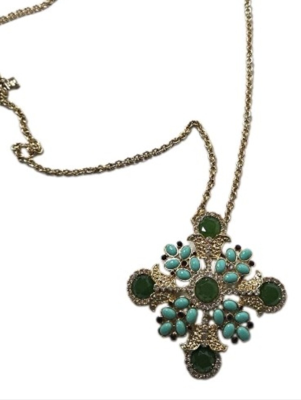 Banana Republic Gold-Tone Green & Turquoise Cross Pendant Necklace